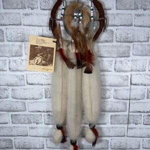 Vtg Native American Mandella Dream Catcher Sheeps Wool Rabbit Fur Feathers 27”